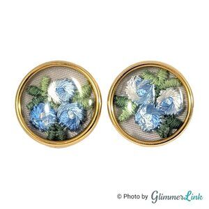 Vintage Embroidered Blue Flowers Gold Tone Clip On Earrings